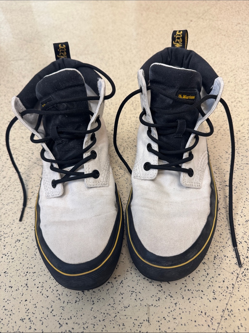 Dr. Martens White and Black Lace-Up Canvas Boots with Yellow Trim